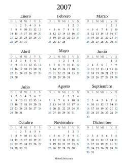 Calendario del Año 2007 con el domingo como primer día