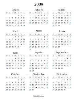 Calendario del Año 2009 con el domingo como primer día