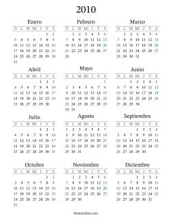 Calendario del Año 2010 con el domingo como primer día