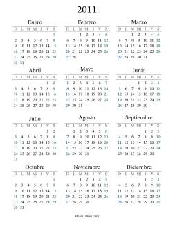 Calendario del Año 2011 con el domingo como primer día