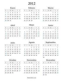 Calendario del Año 2012 con el domingo como primer día