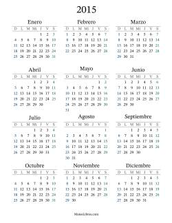 Calendario del Año 2015 con el domingo como primer día