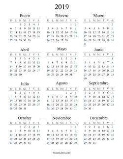 Calendario del Año 2019 con el domingo como primer día