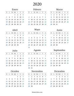 Calendario del Año 2020 con el domingo como primer día