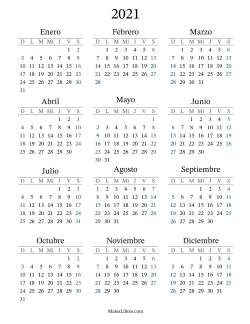 Calendario del Año 2021 con el domingo como primer día
