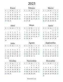 Calendario del Año 2023 con el domingo como primer día
