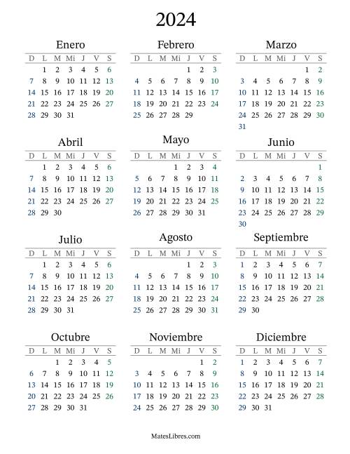 La hoja de ejercicios de Calendario del Año 2024 con el domingo como primer día (2024)