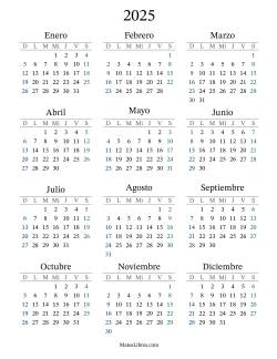 Calendario del Año 2025 con el domingo como primer día