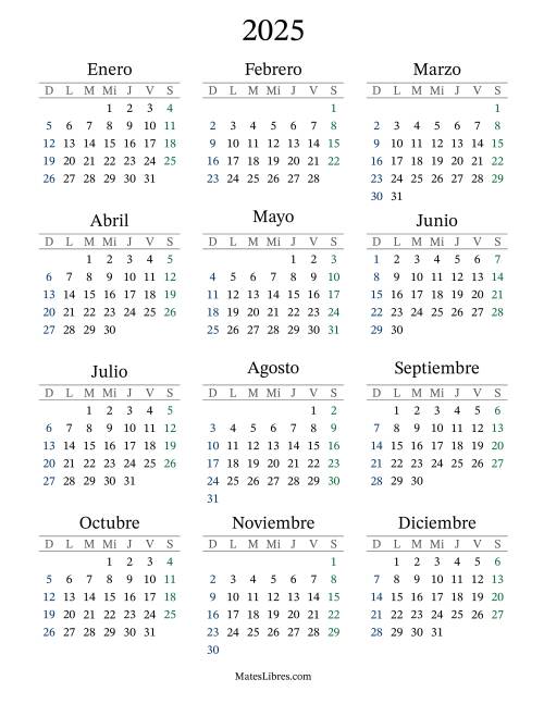 La hoja de ejercicios de Calendario del Año 2025 con el domingo como primer día (2025)