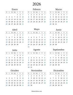 Calendario del Año 2026 con el domingo como primer día