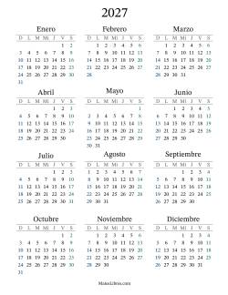 Calendario del Año 2027 con el domingo como primer día