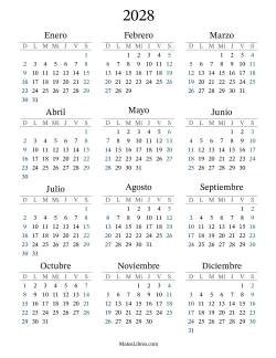 Calendario del Año 2028 con el domingo como primer día