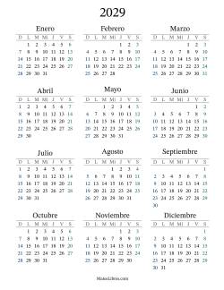 Calendario del Año 2029 con el domingo como primer día