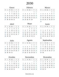 Calendario del Año 2030 con el domingo como primer día