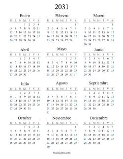 Calendario del Año 2031 con el domingo como primer día