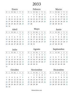 Calendario del Año 2033 con el domingo como primer día