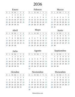 Calendario del Año 2036 con el domingo como primer día