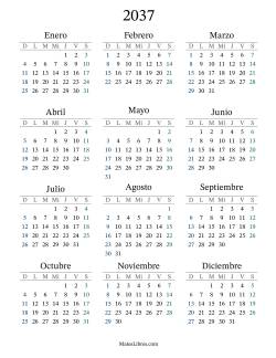 Calendario del Año 2037 con el domingo como primer día