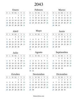 Calendario del Año 2043 con el domingo como primer día