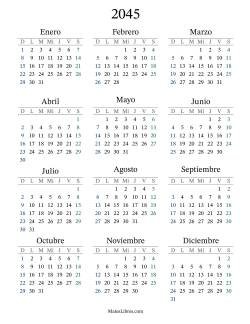 Calendario del Año 2045 con el domingo como primer día