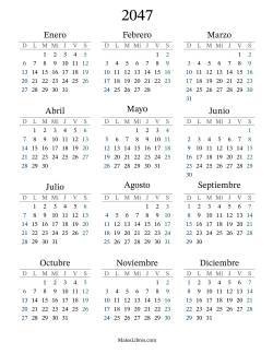 Calendario del Año 2047 con el domingo como primer día