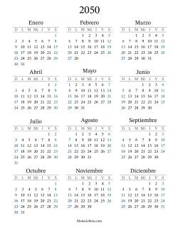 Calendario del Año 2050 con el domingo como primer día