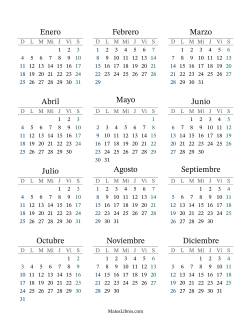 (Título Rellenable) Calendario General Bisiesto con el 1 de enero que cae en Jueves (Formato de Domingo a Sábado)