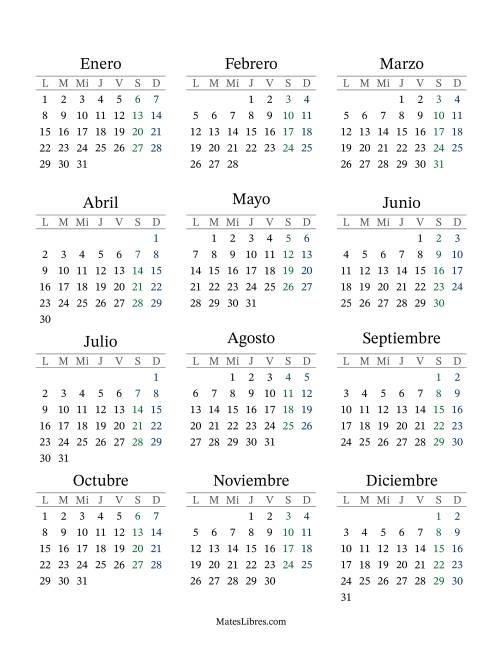 La hoja de ejercicios de (Título Rellenable) Calendario General Anual con el 1 de enero que cae en Lunes (Formato de Lunes a Domingo) (Lunes)