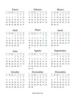 (Título Rellenable) Calendario General Anual con el 1 de enero que cae en Viernes (Formato de Lunes a Domingo)