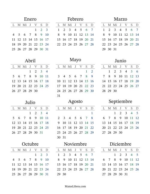 La hoja de ejercicios de (Título Rellenable) Calendario General Anual con el 1 de enero que cae en Viernes (Formato de Lunes a Domingo) (Viernes)