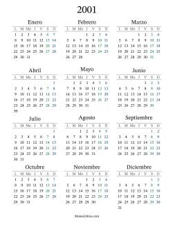Calendario del Año 2001 con el lunes com primer día