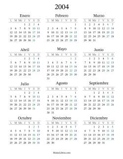 Calendario del Año 2004 con el lunes com primer día