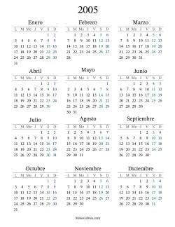 Calendario del Año 2005 con el lunes com primer día