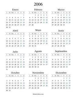 Calendario del Año 2006 con el lunes com primer día