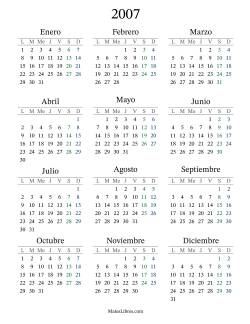 Calendario del Año 2007 con el lunes com primer día