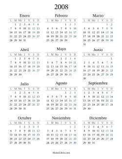 Calendario del Año 2008 con el lunes com primer día