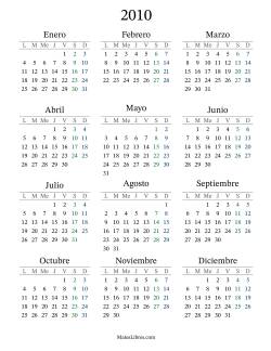 Calendario del Año 2010 con el lunes com primer día