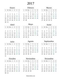 Calendario del Año 2017 con el lunes com primer día