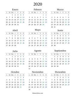 Calendario del Año 2020 con el lunes com primer día