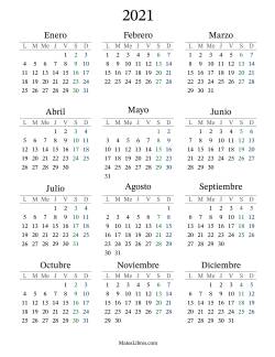 Calendario del Año 2021 con el lunes com primer día