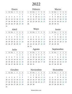 Calendario del Año 2022 con el lunes com primer día