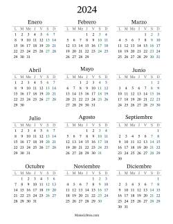 Calendario del Año 2024 con el lunes com primer día
