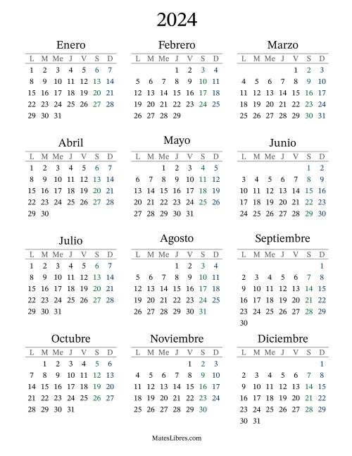 La hoja de ejercicios de Calendario del Año 2024 con el lunes com primer día (2024)