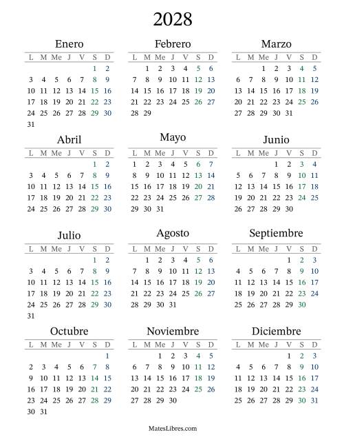 La hoja de ejercicios de Calendario del Año 2028 con el lunes com primer día (2028)