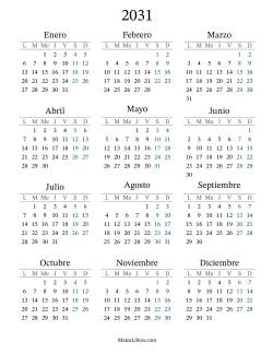 Calendario del Año 2031 con el lunes com primer día
