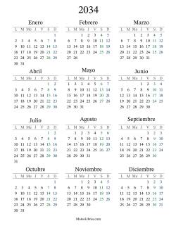 Calendario del Año 2034 con el lunes com primer día