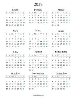 Calendario del Año 2038 con el lunes com primer día