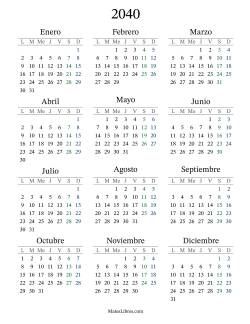 Calendario del Año 2040 con el lunes com primer día