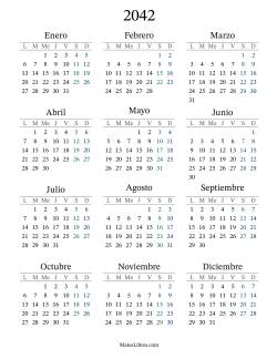 Calendario del Año 2042 con el lunes com primer día