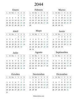 Calendario del Año 2044 con el lunes com primer día